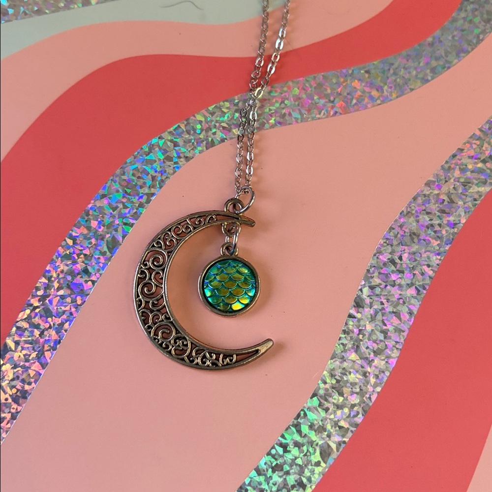 Silver Crescent Moon Necklace with Blue/Green Pendant